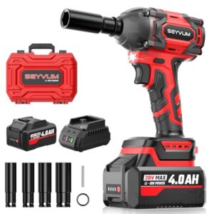 SEYVUM Akku Schlagschrauber mit 4.0Ah akkus,schlagschrauber akku,1/2 Zoll Bürstenloser Schlagschrauber mit LED-Licht für Autoreifen, Gerüstbau und Automobilmontage, 4 Stecknüsse, Schnellladegerät