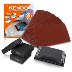 KENDO Schleifpapier Set 84-teilig, 93x230mm inkl. 1 x Handschleifklotz & 3 x Schleifschwämme. Körnungen jeweils 10x P40/60/80/120/180/240/320/400. Ideal für Holz, Metall, Trockenbau für Handschleifer