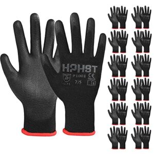 HPHST PU Besichtet Arbeitshandschuhe, 12 Paar Arbeit Handschuhe für Herren und Damen Rutschfeste Montagehandschuhe Gartenhandschuhe mit PU-Beschichtung für Bauarbeiter Mechaniker, Schwarz (Large)