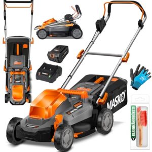 MASKO® Akku Rasenmäher mit Mulchfunktion, Akku Li-Ion Batterie 4Ah & Ladegerät Rasentrimmer 33cm Schnitt-Breite 5X Höhenverstellbar 30L Fangkorb Flächen bis 150m² inkl. Handschuhe & Bürste