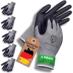 WOLFSFELLER Premium Arbeitshandschuhe Herren Gr 9 | 5 Paar Robuste & Komfortable Montage-Handschuhe Damen | Mit Langlebiger Nitril-Beschichtung