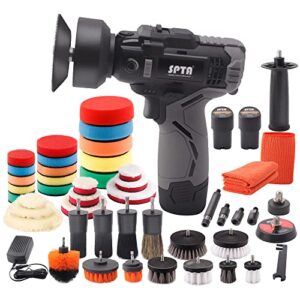 SPTA Poliermaschine, 12V Akku 2.0 Ah Polierer Auto Schleifmaschine Set Profiset Auto Politur Set mit 2tlg Batterie, 37tlg Polierschwamm Pollierpad, Polierfell,Polierteller für Auto KFZ Boot