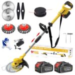 Rasentrimmer mit Akku und Unkrautbürste, Akku Rasentrimmer mit 5 Klingentypen, 21 V Bürstenloser Freischneider Akku (2 x 4.0Ah), Verstellbarer Griff, 90°Schwenkbarem Kopf, für Garden Trimmen