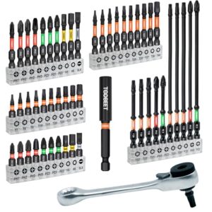 Toobeet Impact Multi Schraubendreher Bits Set, 52tlg. Magnetischen S2-Stahl (Torx/PH/PZ/SL/Hex) Schlagfeste Schrauber Bitsatz für Schlagwerkzeuge mit Mini-Ratschenschlüssel und 1 langer Bithalter