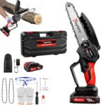 21V Akku Kettensäge mit Akkus, 2 Kette, 6 Zoll Rot Kettensäge Elektrisch Handsäge Einhand Handkettensäge mit Sicherheitsschloss für Gartenarbeit Baumbeschneidung Holzschneiden