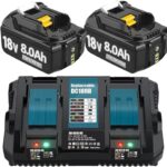 Hohe Kapazität 18V 8.0Ah/8000mAh Verbesserte 2X Ersatzakku für BL1860B + Dual Port 6A Ladegerät für DC18RD Kompatibel für BL1860B BL1860B BL1850B BL1840B BL1830 with LED Werkzeugakku.