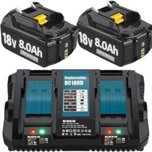 Hohe Kapazität 18V 8.0Ah/8000mAh Verbesserte 2X Ersatzakku für BL1860B + Dual Port 6A Ladegerät für DC18RD Kompatibel für BL1860B BL1860B BL1850B BL1840B BL1830 with LED Werkzeugakku.