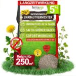 TerraUno Rasendünger mit Unkrautvernichter extra stark, 100 Tage Langzeitwirkung, 5 kg für 250 m², gegen Löwenzahn, Klee uvm., Rasenunkrautvernichter mit Dünger für saftiges Grün im Frühjahr & Sommer
