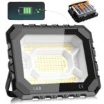 Adewalk 100W LED Baustrahler Akku, Strahler Akku 10000LM Solar Baustrahler Akku 12000mAh, USB-Wiederaufladbar, 5 Lichtmodi, IP66, Campinglampe Tragbar im Freien für Stromausfällen, Baustelle, Camping