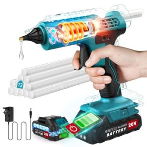100W Akku Heißklebepistole Kabellos, mit 21V 2000mAh Akku und Ladegerät, Schnell Aufheizung Klebepistole mit 12 PCS Klebesticks, Heissklebepistole für DIY, Handwerk und Schnelle Reparaturen