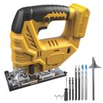 Akku Stichsäge für Dewalt 18 V 20 V, 800 W bürstenlose elektrische Exzenterstichsäge mit LED-Licht, 5 variable Geschwindigkeiten, ±45° Gehrungsschnittwinkel, 6 T-Schaft-Sägeblätter (ohne Akku)