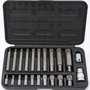 22-teiliges Set SPLINE (30, 75 mm) Steckschlüsselsatz XZN (M4 M5 M6 M8 M9 M10 M12 M14 M16 M18) + 2 Adapter 1/2 Zoll & 3/8 Zoll – Steckschlüssel-Set (HRC 62) – Stahl S2, Cr-V