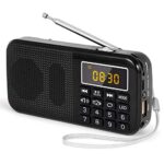 PRUNUS J-725 FM UKW Radio Klein, Digital Radio mit 3000mAh Wiederaufladbare Batterie, Kofferradio Tragbares Radios Wecker, USB/SD/TF/AUX-Player, Akku Radio mit Notlicht.(Schwarz)
