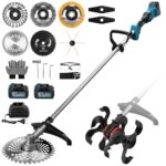 2-In-1 1380W Akku Bodenhacke und Rasentrimmer inkl. 2 * 4 Ah Akkus und Ladegerät, Bodenhackenkopf und 7 Rasenmäherwerkzeuge und Andere Werkzeuge, Akku Motorhacken für Beet, Acker & Landwirtschaft