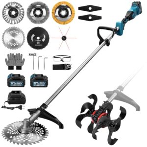 2-In-1 1380W Akku Bodenhacke und Rasentrimmer inkl. 2 * 4 Ah Akkus und Ladegerät, Bodenhackenkopf und 7 Rasenmäherwerkzeuge und Andere Werkzeuge, Akku Motorhacken für Beet, Acker & Landwirtschaft