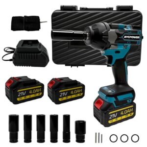 bycpower Akku Schlagschrauber 1000Nm, 1/2 Zoll Bürstenloser Drehschlagschrauber mit 2×4.0Ah Akkus, 6 Stecknüsse und Ladegerät im Tragekoffer, Mutternschlüsselsatz für Auto und Bauindustrie