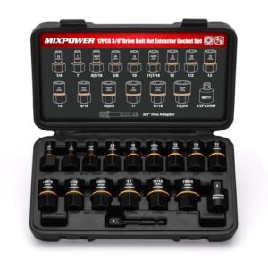 MIXPOWER CR-MO Steckschlüssel-Set, 0,95 cm (3/8 Zoll), Schraubenentferner, Mutternausdreher für beschädigte, gefrorene, rostete, abgerundete Schrauben, 17-teilig