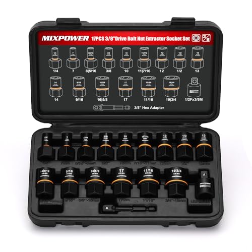 MIXPOWER CR-MO Steckschlüssel-Set, 0,95 cm (3/8 Zoll), Schraubenentferner, Mutternausdreher für beschädigte, gefrorene, rostete, abgerundete Schrauben, 17-teilig
