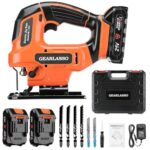 GEARLASSO Akku Stichsäge 21V mit 2×2,0Ah Akku, 2800 U/min Variable Geschwindigkeit, 4 Orbitaleinstellungen, 0–45° Gehrungsschnitt, LED-Licht, Werkzeugloser Sägeblattwechsel, für Holz & Metall