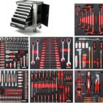 Mephisto XXL Werkzeugwagen Werkstattwagen mit 7 Schubladen Davon 7 mit Werkzeug wie Schraubenschlüssel, Ratsche mit Nusskasten, Schraubendreher usw. in Soft Inlays in Carbonoptik gefüllte Schubladen