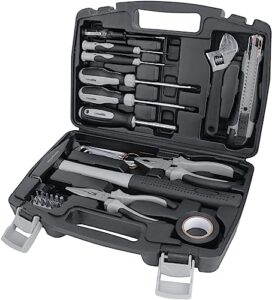 Amazon Basics Werkzeug-Set für den Haushalt, Stahllegierung, 32 Teile, Schwarz / Grau