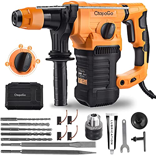 Bohrhammer 1500W Abbruchhammer mit SDS-Plus und 4 Funktionen in 1, 3900BPM und 800RPM, Anti-Vibrationen Griff und Sicherheitskupplung, Max Bohrdurchmesser: 32mm, einschließlich Fett, Meißel und Bohrer