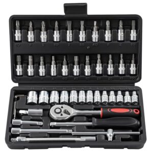 Putentfun 46-teiliges Steckschlüssel-Set 6,35 mm (1/4 Zoll), Ratschenschlüssel mit Bit-Werkzeug und Verlängerungsstange, Metrisch für Heimwerker
