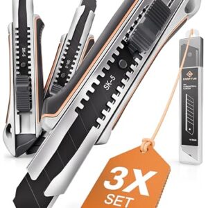 CRAFTUS® Profi Cuttermesser Set [3 Stück] aus Aluminium für Maximale Lebensdauer, Robuste Teppichmesser inkl. 10 SK5 Carbonstahl Abbrechklingen 18mm, für Heimwerker & Gewerbe