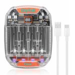 Dlyfull Batterie Ladegerät,USB-C Eingang 4-Ladeplatz Akku Ladegerät AA AAA, Kompatibel mit 1,2V NIMH 1,5V Li-ionen wiederaufladbare Batterien,500mAh gleichzeitiges Laden Transparentes Akkuladegerät