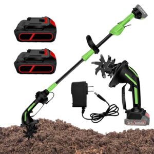 2-IN-1 Akku Gartenfräse, 21V Bodenhacke Elektrisch mit 2 Akkus 3000mAh, 4 Metallmesser und 1,3M Handgriff, 235 U/min Drehzahl, 10cm Arbeitsbreite 10cm Arbeitstiefe für Lockern, Jäten und Belüften