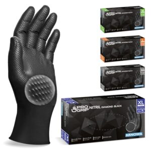 PROGRIP Einweghandschuhe Diamant Grip, Schwarz, Einmalhandschuhe Extra Stark, Nitrilhandschuhe Gr. XL, 2x dicker, Handschuhe Einweg, Arbeitshandschuhe für Werkstatt & Montage, 50 Stk/Box