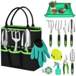 Mactoou Gartenwerkzeug Set, 12 Stück Schwerlast Gartengeräte Set mit dauerhafter Gartenschaufel, Umtopfmatte, Aufbewahrungstasche, Garten Geschenke für Frauen Männer und Gartenliebhaber