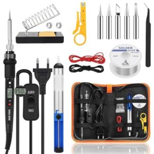 Lötkolben Set, Lötkolben Kit Lötset 80W,Einstellbare Temperatur 180-500 °C, Lötwerkzeug mit 5 Lötspitzen, 50g Lötdraht zum Löten, Entlötpumpe, Zinndrahtrohr, Lötkolbenständer