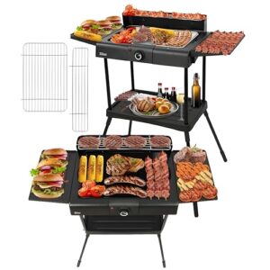 2in1 Elektro Grill Standgrill Tischgrill elektrisch 2.400 Watt - Elektrogrill für Balkon, Draußen & Drinnen mit Standfuß große Grillfäche Stufenloser Temperaturregler elektrischer BBQ Grill