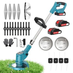 Rasentrimmer mit Akku 21V, 800W/60Min Laufzeit, 4 in 1 Akku Rasentrimmer 2 Akkus, Verstellbarer Stiel, 4 Blätter, Freischneider Akku für Gartenschneiden, Blau