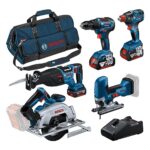 Bosch Professional 18V System Combo Kit: GSR 18V-55 + GST 18V-125 S + GKS 18V-57-2 + GSA 18V-28 + GDX 18V-200 (inkl. 3x 4.0Ah Akku, Schnellladegerät GAL 18V-40, Werkzeugtasche)