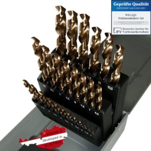 WELIQU Metallbohrer Set HSS-E Cobalt Pro 25-teilig - M35 Spiralbohrer-Set - 1-13mm, 0,5mm Schritte - Selbstzentrierend für Edelstahl, Stahl, Eisen usw.