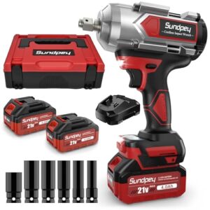 Sundpey 1200Nm Akku Schlagschrauber 8000mAh - 1/2 Bürstenloser Schlagschrauber Akku mit 2 * 4.0Ah Li-Ion Akkus, 6 Stecknüsse, 21V 2600RPM Impact Wrench für Auto und Hausgebrauch