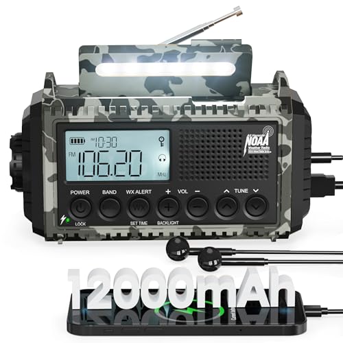 12000 mAh Kurbelradio | Notfallradio mit Kurbel & Solar | AM/FM Radio mit Weltempfanger | Tragbare Dynamo Radio | Als Ladegerät & Taschenlampe & Leseleuchte, Fur Camping, Notfall, Stromausfall