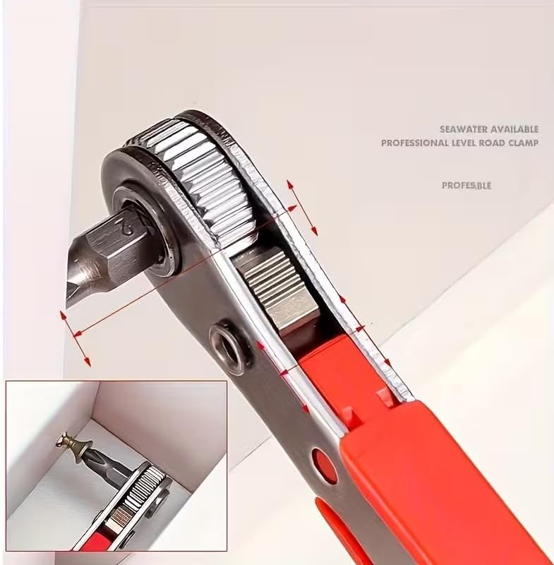 Rechtwinkliger Ratschen-Schraubendreher, 1 Stück, Stahl, manuelles Werkzeug für enge Räume, Vorwärts-/Rückwärtsschalter, nicht motorisiert, roter Griff für Elektronik, Autos, Möbelreparatur. – Bild 3