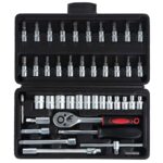 WiMas 46-teiliges Steckschlüssel-Set, Ratschen-Steckschlüssel-Set, metrischer Antrieb, Ratschenwerkzeug, Schraubendreher-Bits, Auto-Reparaturwerkzeug, 0,6 cm (1/4 Zoll) (schwarz)