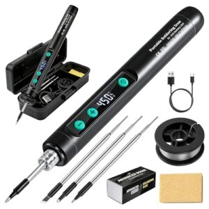 Lötkolben Set 15W, USB Akku Lötkolben mit 3 Temperatur Einstellbar 260℃-450℃, 3 Lötspitzen Lötdraht und Lötkolbenständer Professionelles Sicheres Komplettes Kompakt Leicht zu Transportieren