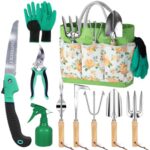 YAUNGEL Gartenwerkzeug Set, 10 Stück Schwerlast Edelstahl Gartenarbeit Kit, Gartengeräte Set mit Non-Slip Holzgriff- Garten Geschenke Verpackung für Frauen Männer