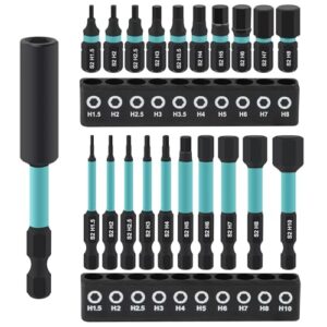 MIGUBIGU 21-tlg Inbus Bit Set 1/4 mit Bit Verlängerung, 25 mm + 60 mm Hex Sechskant Schraubendreher Bits Set H1.5-H10 mit Lagerhalter, Inbus Bitsatz Sechskant, Hexagon Innensechskant für Akkuschrauber