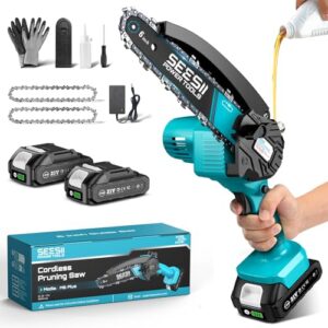 Seesii Mini-Kettensäge mit Akku, 6 Zoll, elektrische Kettensäge, kabellos, mit Schmiermittelinjektor und 2 Batterien, Mini-Kettensäge, wiederaufladbar, 2 Ketten