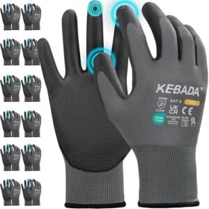 Kebada Arbeits Handschuhe für Männer und Frauen, PU-beschichtete Touchscreen-Sicherheitshandschuhe mit Grip, ideal für Gartenarbeit, Mechaniker, Lager, Fahren, Bauwesen, Fertigung, Grau, 12 Paar, S