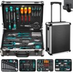 TLGREEN Werkzeugtrolley 128-tlg Werkzeugkoffer Gefüllt Werkzeug Set Trolley-Funktion Werkzeugkasten Werkstattkoffer bestückt Werkzeugkiste fahrbar für DIYer Handwerks Haushalt Autoreparatur Werkstatt