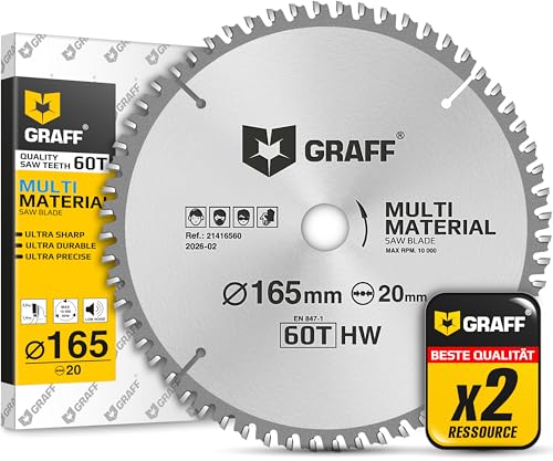 GRAFF Sägeblatt 165x20 Metall Holz Aluminium Laminat Kunststoff – Multi Material Kreissägeblatt 165x20 mm für Kappsäge, Tauschsäge, Tischkreissäge, Akku Handkreissäge – Professional Sägeblatt 165x20