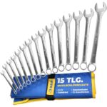 S&R Ring-Maulschlüssel Satz 15-teilig, Schraubenschlüssel 6-22 mm, Master-Serie, Cr-V Industriestahl, geschmiedet, gehärtet, doppelt verchromt, mattiert, Gabelringschlüssel in Tetron-Rolltasche