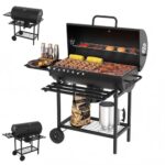 Huacan Holzkohlegrill Groß mit Deckel und Gusseisen Grillrost, Edelstahl Kohlegrill Wagen mit 2 Holzplattenhalter, Rädern und Heißschutzgriff. Grillofen für Garten, Terrasse, Camping 112 * 63 * 97CM